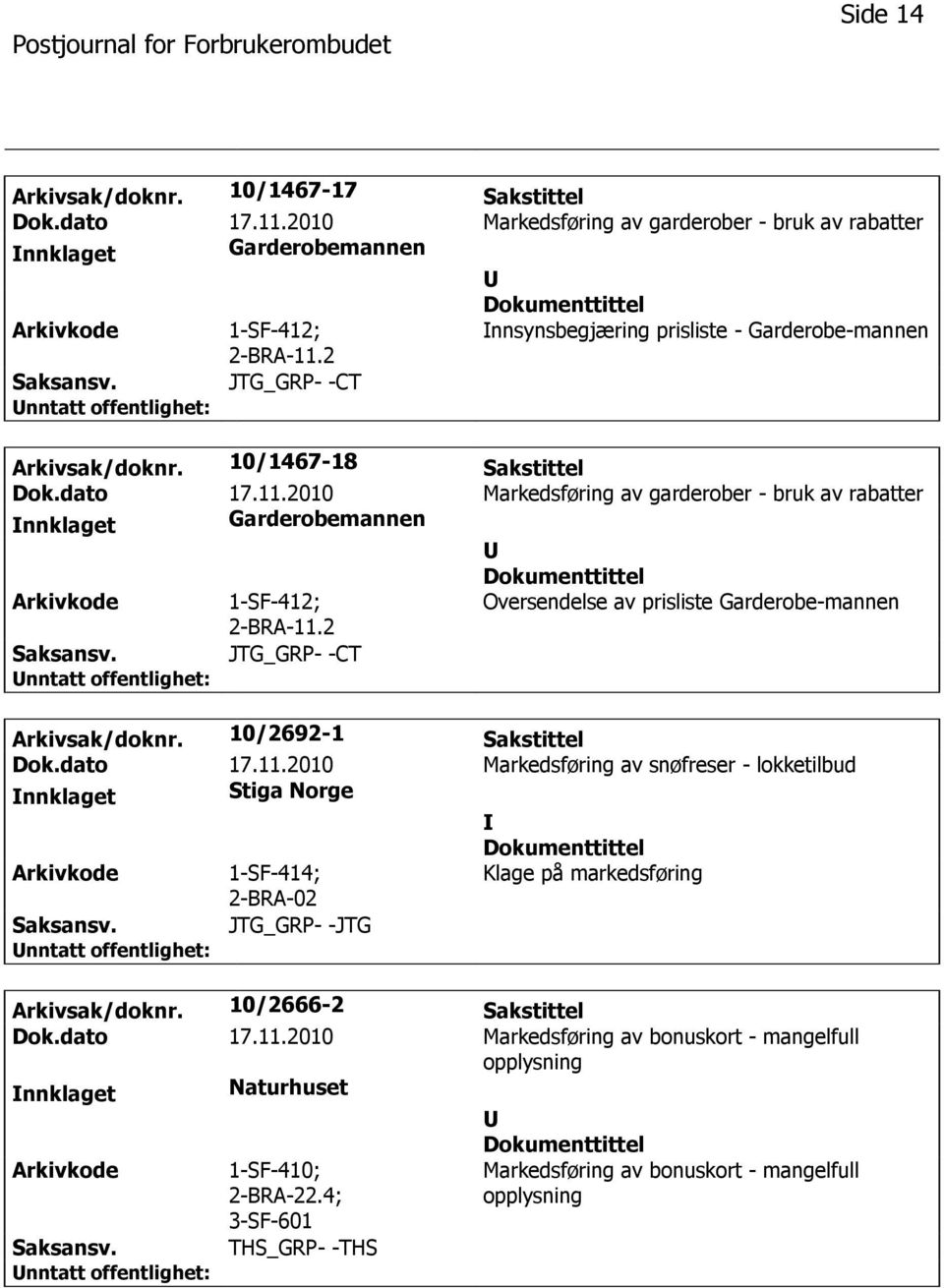 2010 Markedsføring av garderober - bruk av rabatter Garderobemannen 1-SF-412; Oversendelse av prisliste Garderobe-mannen 2-BRA-11.2 JTG_GRP- -CT Arkivsak/doknr. 10/2692-1 Sakstittel Dok.dato 17.