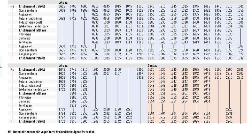 1558 Industriveien postt 0930 1000 1030 1100 1130 1200 1230 1300 1330 1400 1430 1500 1530 1600 Løkkemyra Handelspark 0931 1001 1031 1101 1131 1201 1231 1301 1331 1401 1431 1501 1531 1602 Kristiansund