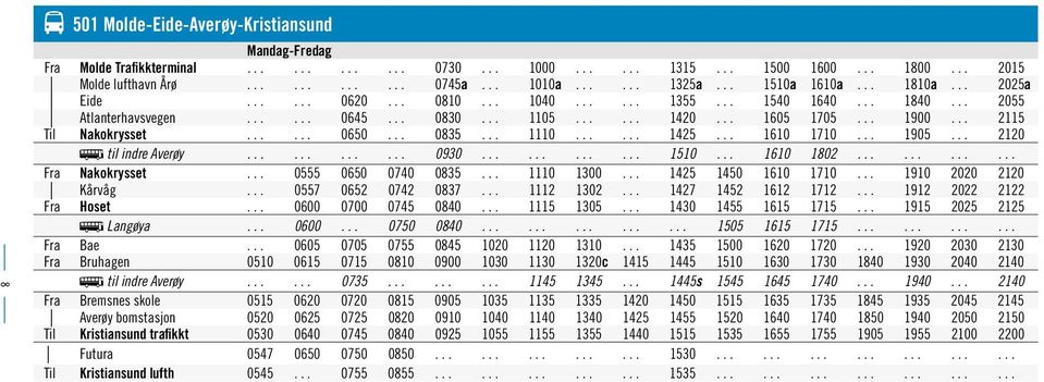 .. 2115 Til Nakokrysset...... 0650... 0835... 1110...... 1425... 1610 1710... 1905... 2120 ß til indre Averøy............ 0930............ 1510... 1610 1802............ Fra Nakokrysset.