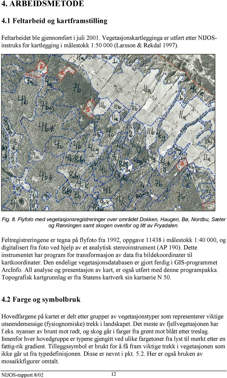 Flyfoto med vegetasjonsregistreringer over området Dokken, Haugen, Bø, Nordbu, Sæter og Rønningen samt skogen ovenfor og litt av Fryadalen.