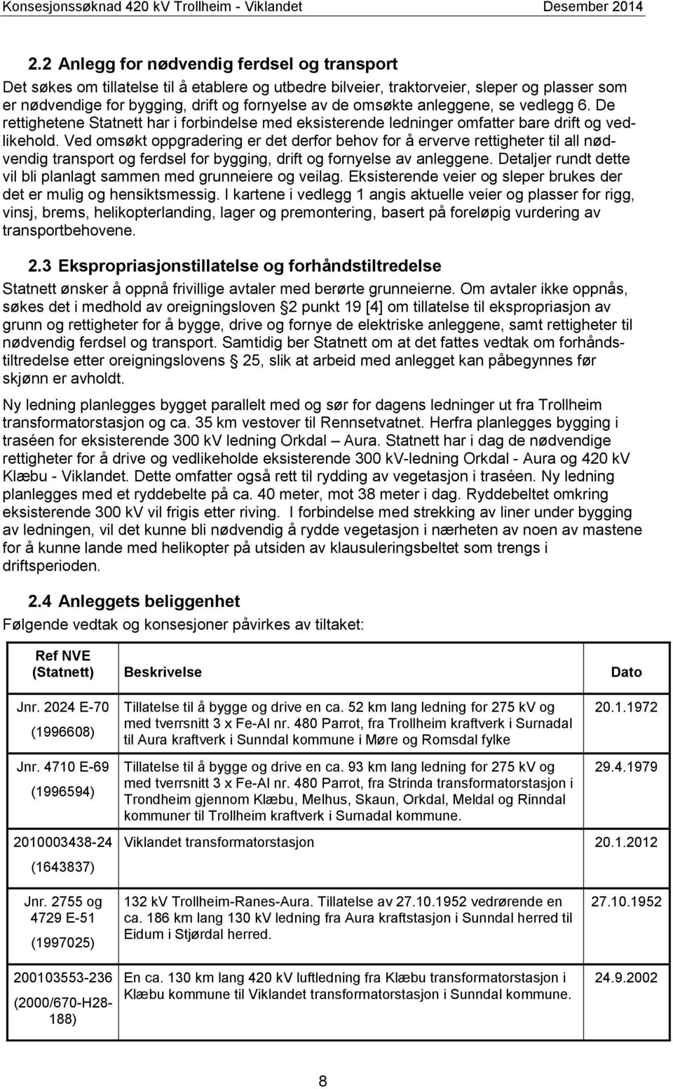 anleggene, se vedlegg 6. De rettighetene Statnett har i forbindelse med eksisterende ledninger omfatter bare drift og vedlikehold.