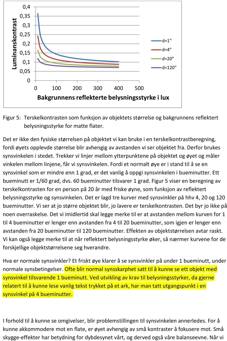 Det er ikke den fysiske størrelsen på objektet vi kan bruke i en terskelkontrastberegning, fordi øyets opplevde størrelse blir avhengig av avstanden vi ser objektet fra.