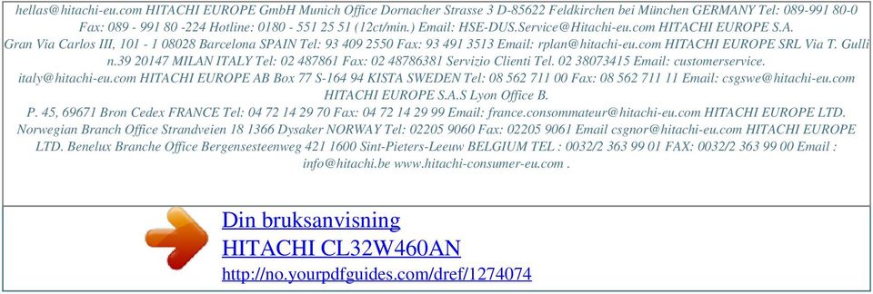 Service@Hitachi-eu.com HITACHI EUROPE S.A. Gran Via Carlos III, 101-1 08028 Barcelona SPAIN Tel: 93 409 2550 Fax: 93 491 3513 Email: rplan@hitachi-eu.com HITACHI EUROPE SRL Via T. Gulli n.