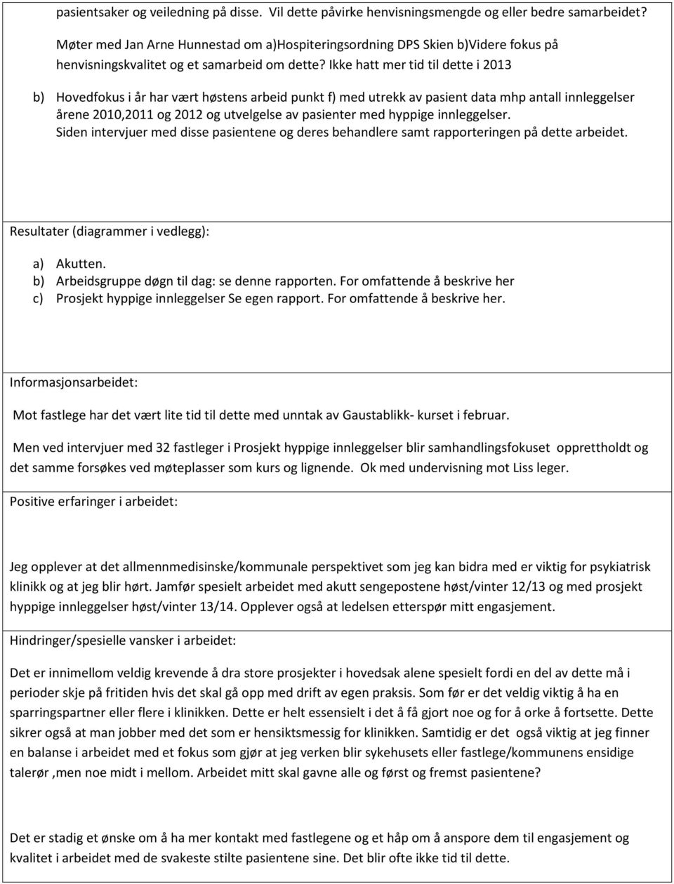 Ikke hatt mer tid til dette i 2013 b) Hovedfokus i år har vært høstens arbeid punkt f) med utrekk av pasient data mhp antall innleggelser årene 2010,2011 og 2012 og utvelgelse av pasienter med