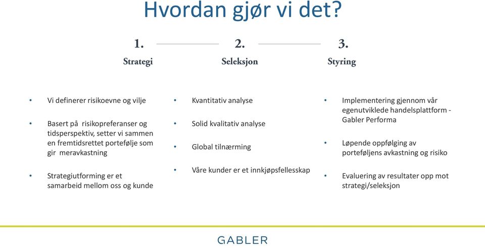 som gir meravkastning Strategiutforming er et samarbeid mellom oss og kunde Kvantitativ analyse Solid kvalitativ analyse