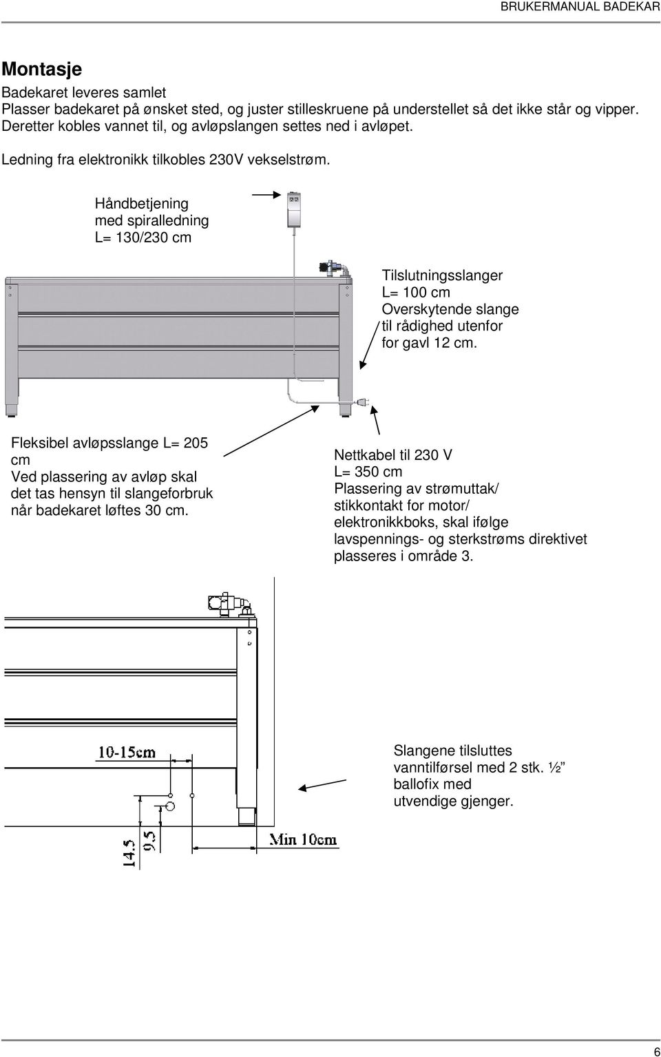 Håndbetjening med spiralledning L= 130/230 cm Tilslutningsslanger L= 100 cm Overskytende slange til rådighed utenfor for gavl 12 cm.