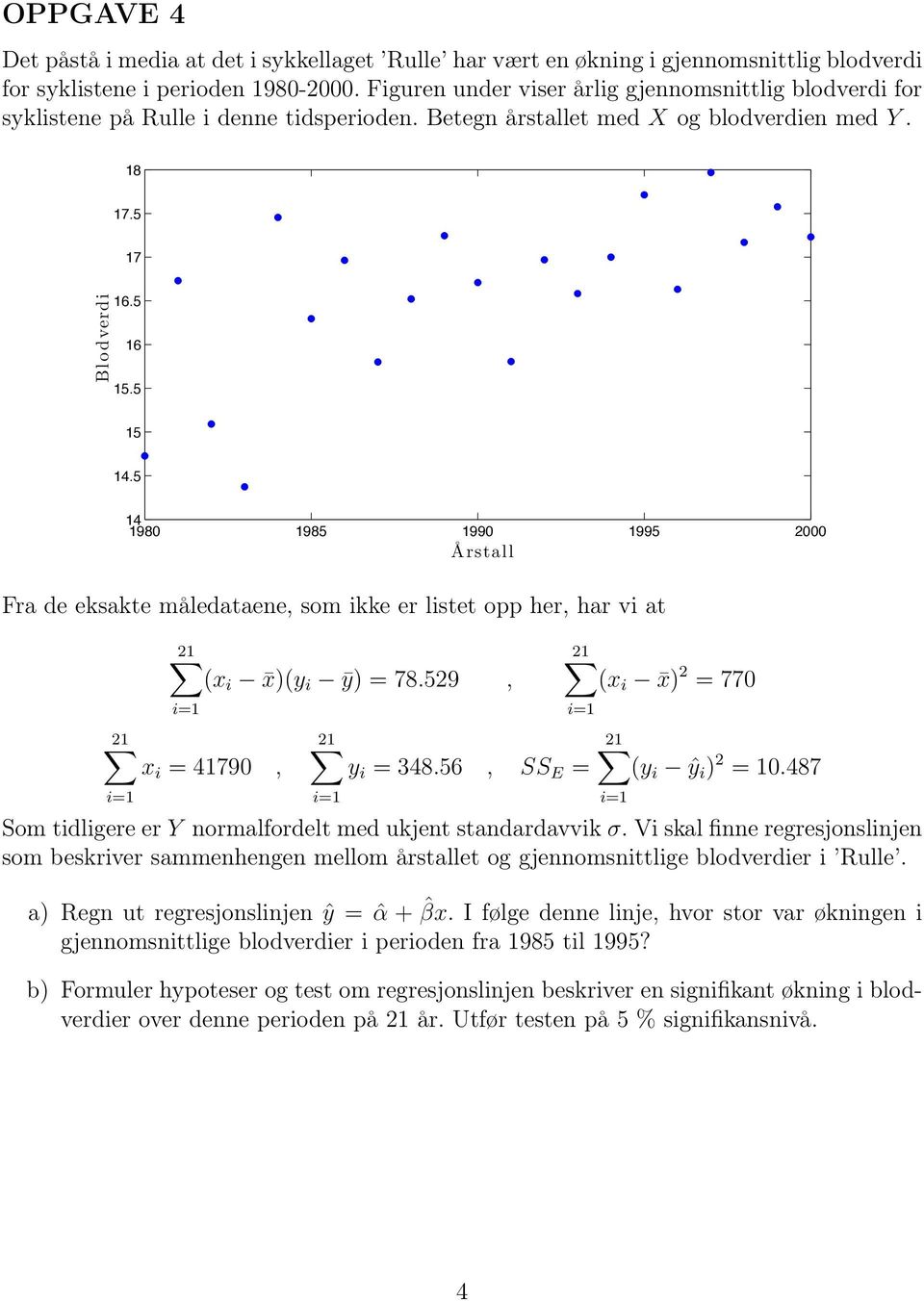 5 14 1980 1985 1990 1995 2000 Årstall Fra de eksakte måledataene, som ikke er listet opp her, har vi at (x i x)(y i ȳ) = 78.529, x i = 41790, (x i x) 2 = 770 y i = 348.56, SS E = (y i ŷ i ) 2 = 10.