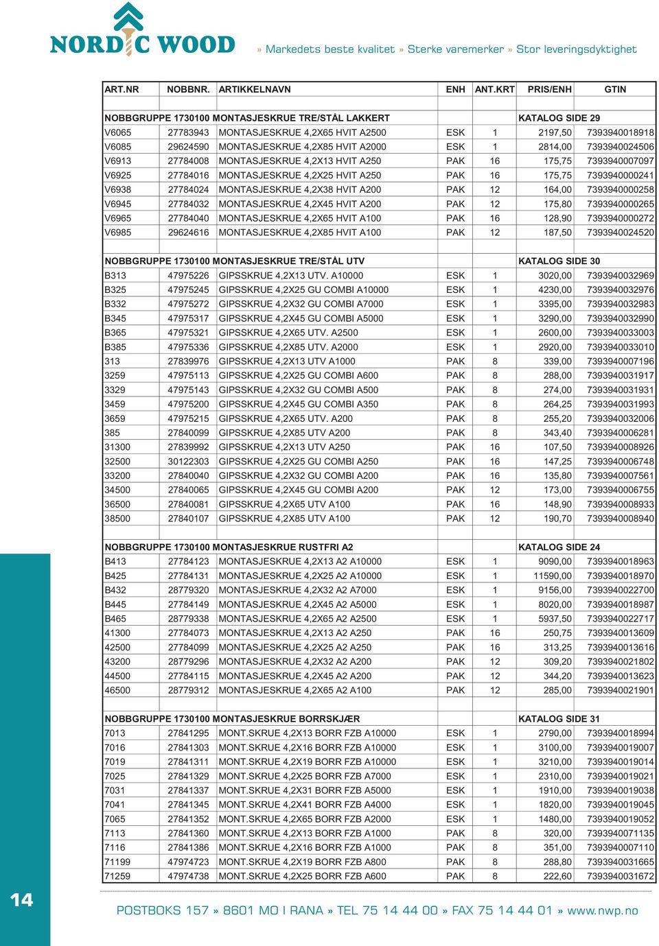 4,2X38 HVIT A200 PAK 12 164,00 7393940000258 V6945 27784032 MONTASJESKRUE 4,2X45 HVIT A200 PAK 12 175,80 7393940000265 V6965 27784040 MONTASJESKRUE 4,2X65 HVIT A100 PAK 16 128,90 7393940000272 V6985