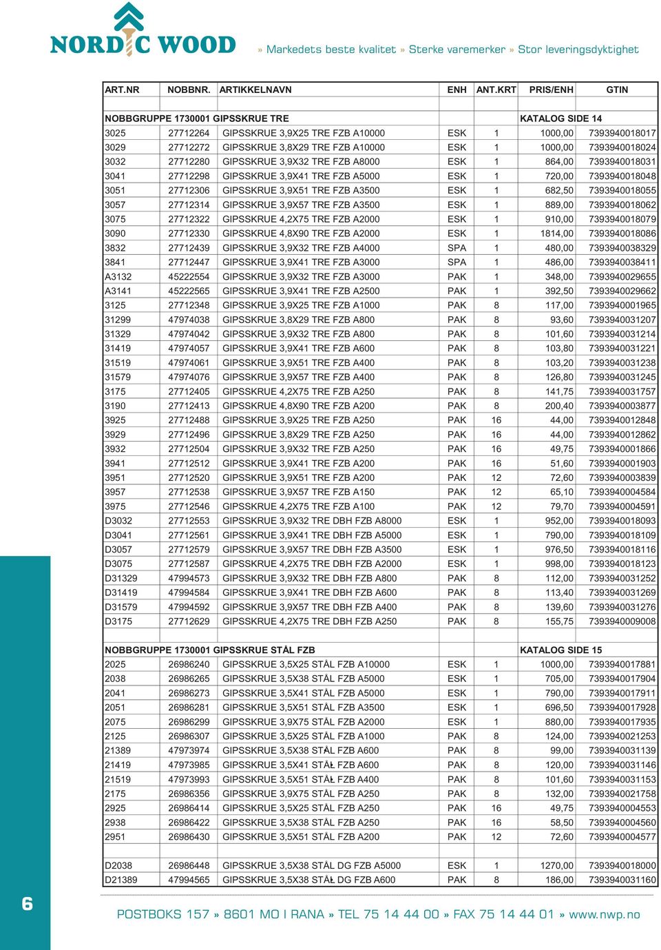 682,50 7393940018055 3057 27712314 GIPSSKRUE 3,9X57 TRE FZB A3500 ESK 1 889,00 7393940018062 3075 27712322 GIPSSKRUE 4,2X75 TRE FZB A2000 ESK 1 910,00 7393940018079 3090 27712330 GIPSSKRUE 4,8X90 TRE