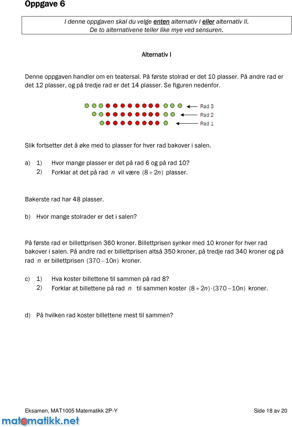 a) 1) Hvormangeplassererdetpårad6ogpårad10? 2) Forklaratdetpårad nvilvære (8 2 n) plasser. Bakerste rad har 48 plasser. b) Hvormangestolradererdetisalen? På første rad er billettprisen 360 kroner.