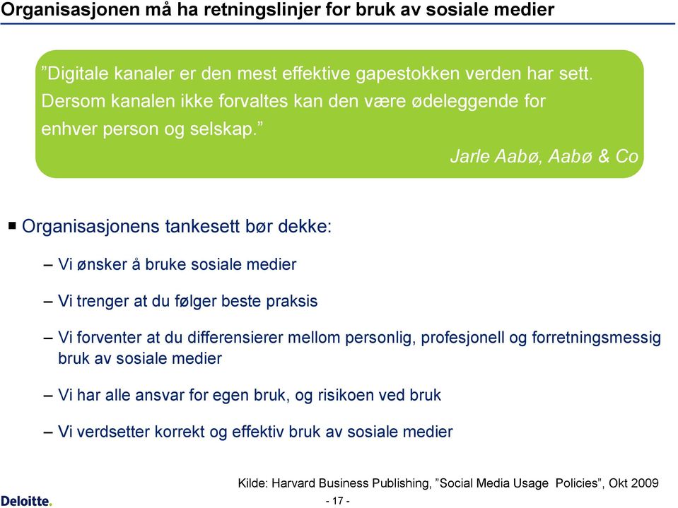 Jarle Aabø, Aabø & Co Organisasjonens tankesett bør dekke: Vi ønsker å bruke sosiale medier Vi trenger at du følger beste praksis Vi forventer at du
