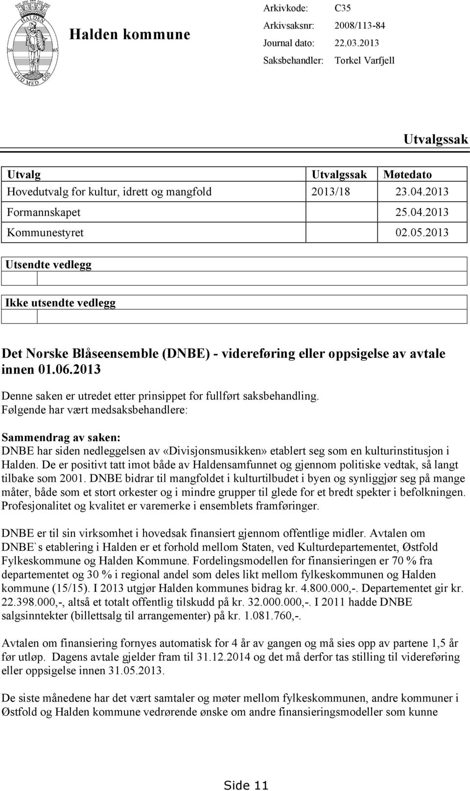 2013 Utsendte vedlegg Ikke utsendte vedlegg Det Norske Blåseensemble (DNBE) - videreføring eller oppsigelse av avtale innen 01.06.