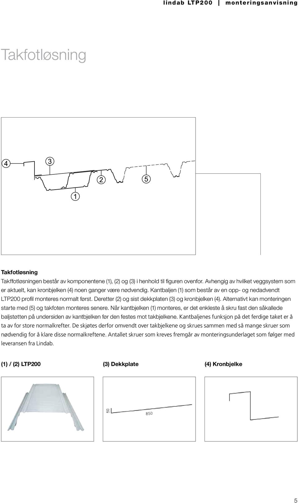 Deretter (2) og sist dekkplaten (3) og kronbjelken (4). Alternativt kan monteringen starte med (5) og takfoten monteres senere.