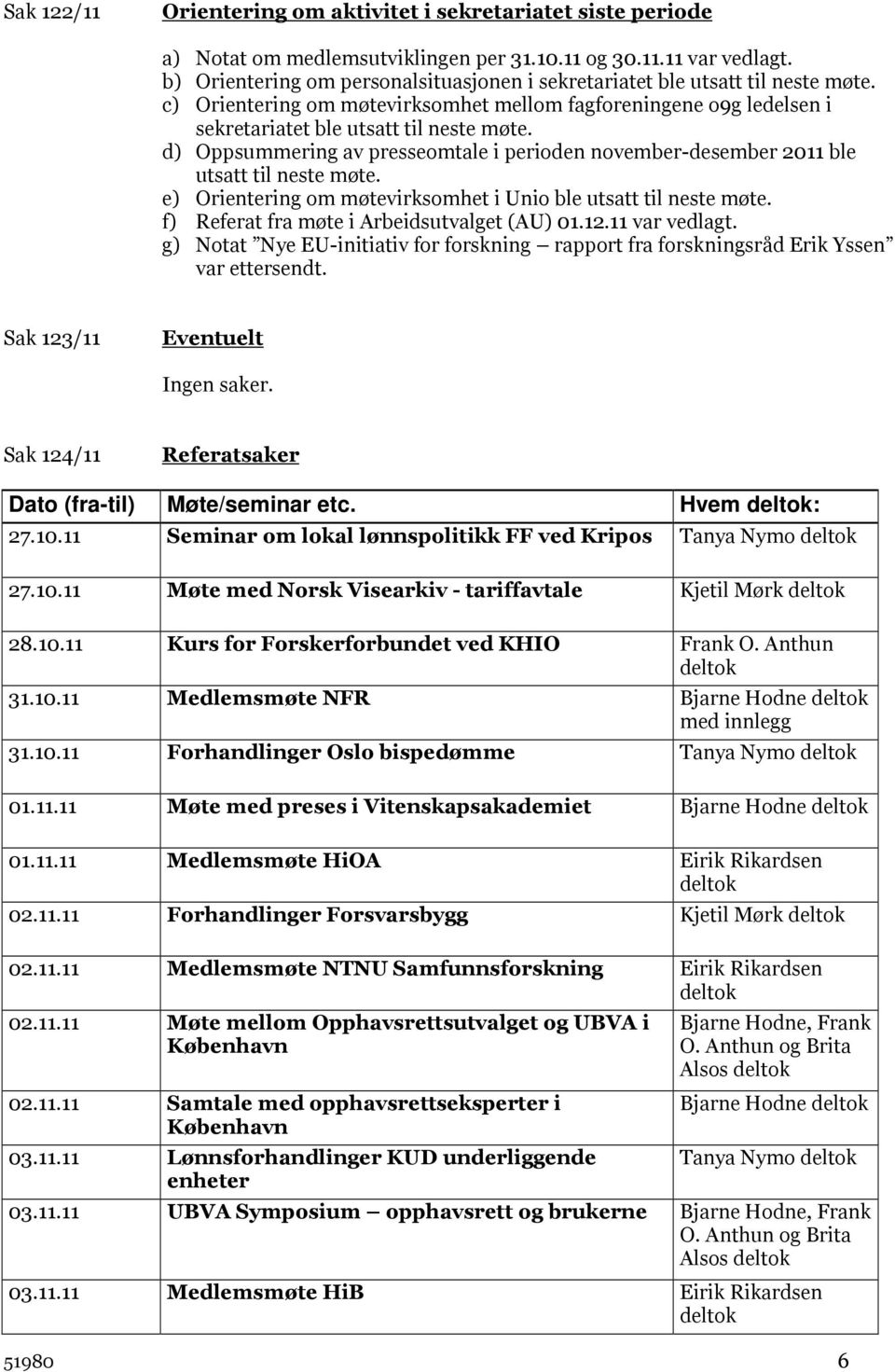 d) Oppsummering av presseomtale i perioden november-desember 2011 ble utsatt til neste møte. e) Orientering om møtevirksomhet i Unio ble utsatt til neste møte.