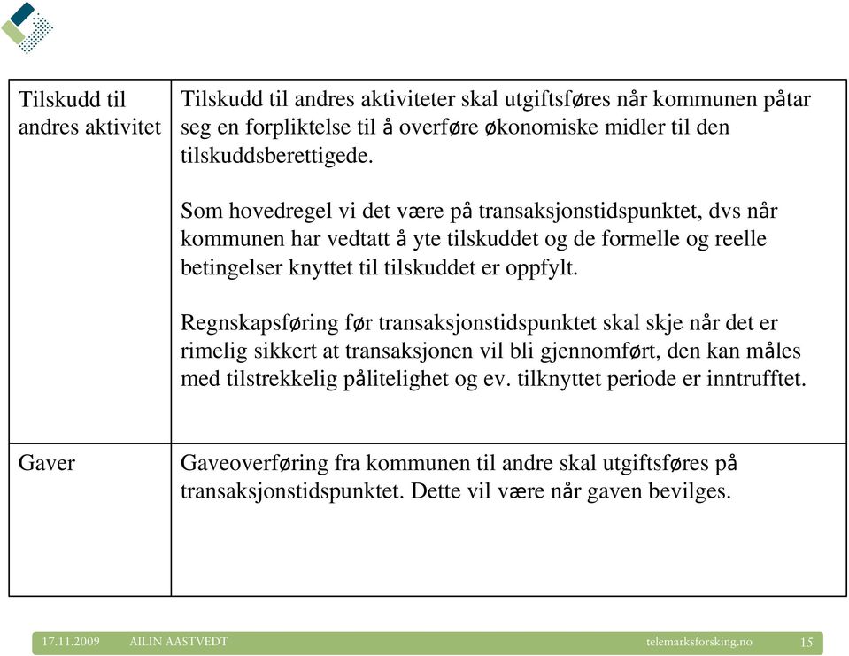 Som hovedregel vi det være på transaksjonstidspunktet, dvs når kommunen har vedtatt å yte tilskuddet og de formelle og reelle betingelser knyttet til tilskuddet er oppfylt.