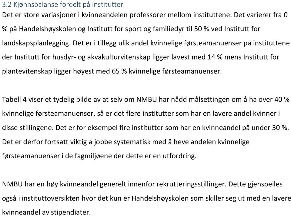 Det er i tillegg ulik andel kvinnelige førsteamanuenser på instituttene der Institutt for husdyr- og akvakulturvitenskap ligger lavest med 14 % mens Institutt for plantevitenskap ligger høyest med 65