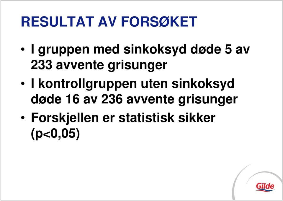 kontrollgruppen uten sinkoksyd døde 16 av 236