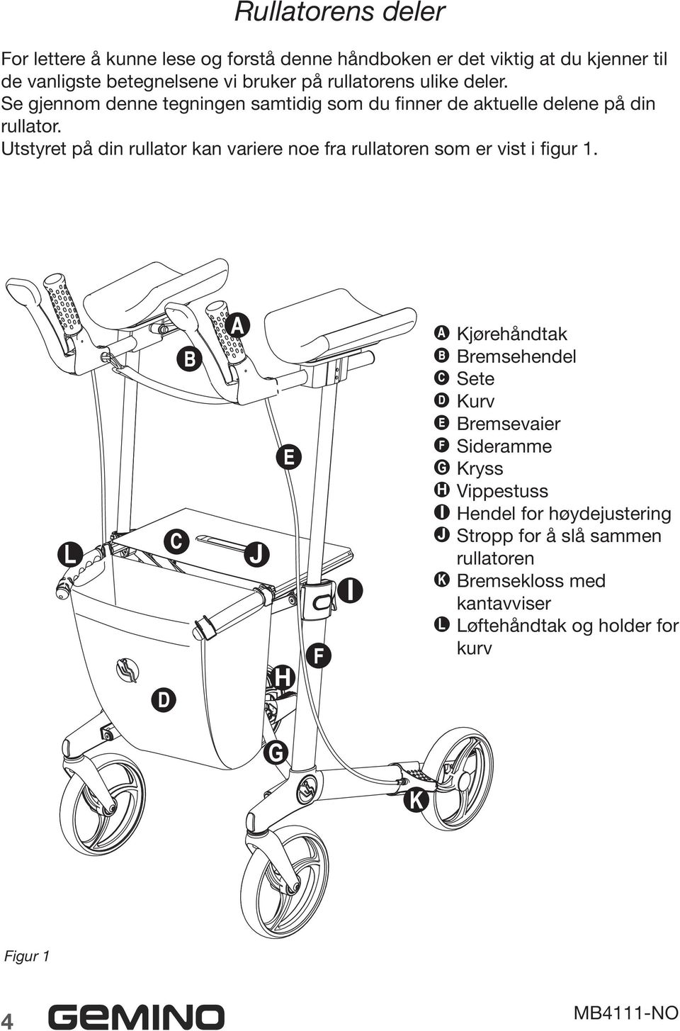 Utstyret på din rullator kan variere noe fra rullatoren som er vist i figur 1.