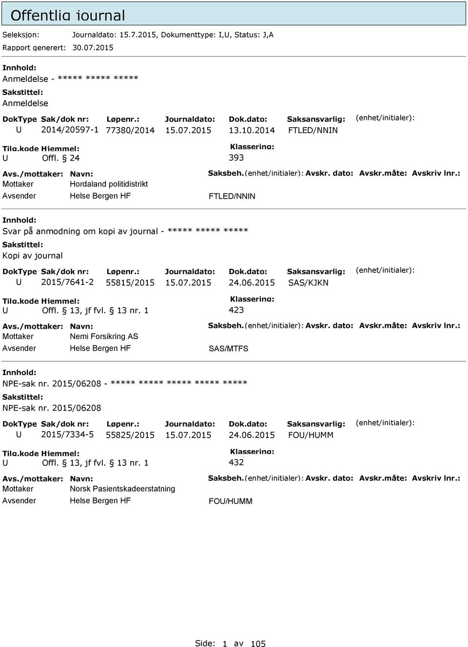 : Mottaker Hordaland politidistrikt FTLED/NNN Svar på anmodning om kopi av journal - ***** Kopi av journal 2015/7641-2 55815/2015 24.06.2015 SAS/KJKN 423 Avs./mottaker: Navn: Saksbeh.