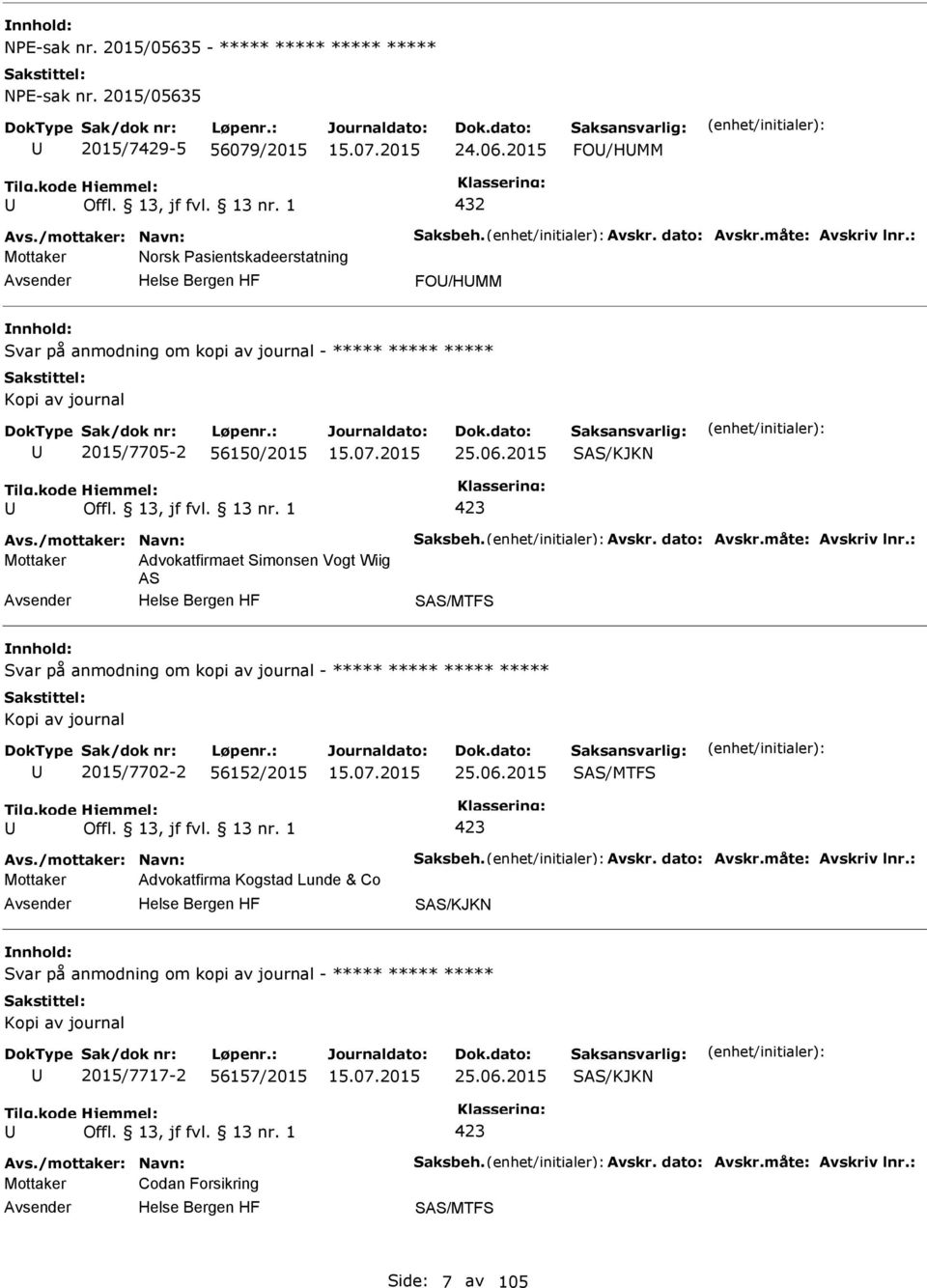 dato: Avskr.måte: Avskriv lnr.: Mottaker Advokatfirmaet Simonsen Vogt Wiig AS SAS/MTFS Svar på anmodning om kopi av journal - Kopi av journal 2015/7702-2 56152/2015 25.06.2015 SAS/MTFS 423 Avs.