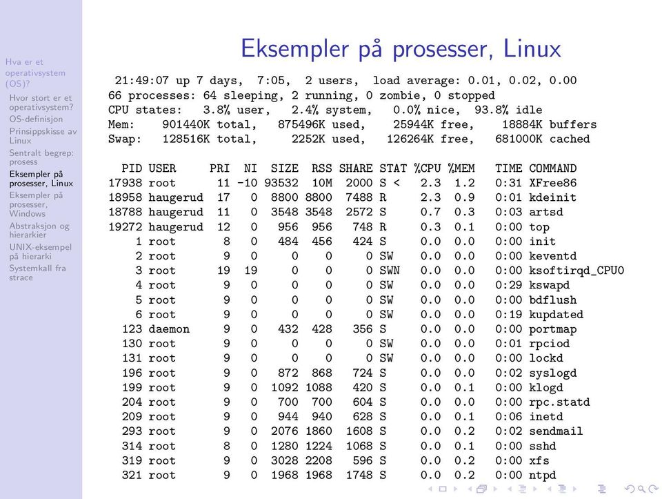 root 11-10 93532 10M 2000 S < 2.3 1.2 0:31 XFree86 18958 haugerud 17 0 8800 8800 7488 R 2.3 0.9 0:01 kdeinit 18788 haugerud 11 0 3548 3548 2572 S 0.7 0.3 0:03 artsd 19272 haugerud 12 0 956 956 748 R 0.