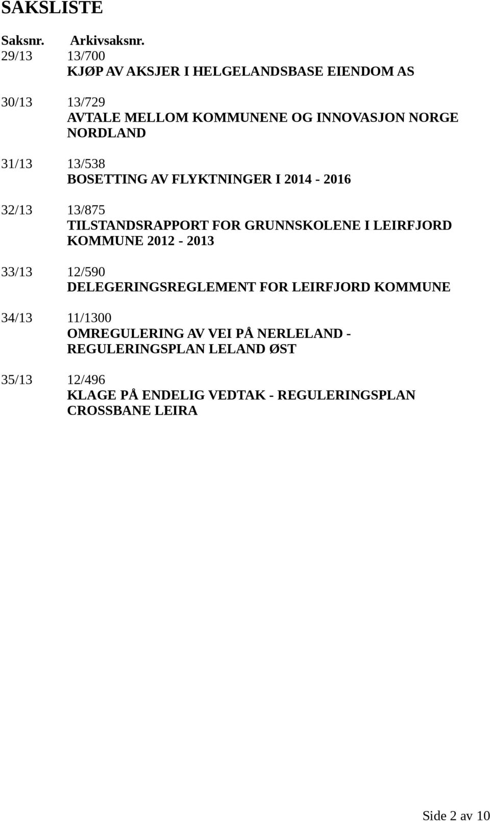 31/13 13/538 BOSETTING AV FLYKTNINGER I 2014-2016 32/13 13/875 TILSTANDSRAPPORT FOR GRUNNSKOLENE I LEIRFJORD KOMMUNE