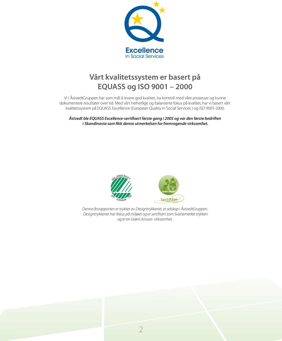 Åstvedt ble EQUASS Excellence-sertifisert første gang i 2005 og var den første bedriften i Skandinavia som fikk denne utmerkelsen for fremragende virksomhet.