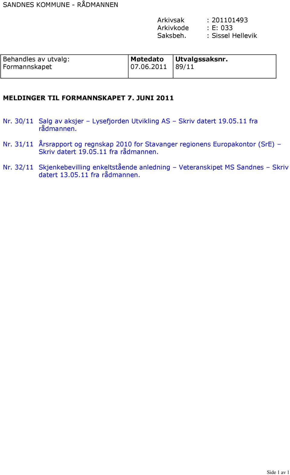 2011 89/11 MELDINGER TIL FORMANNSKAPET 7. JUNI 2011 Nr. 30/11 Salg av aksjer Lysefjorden Utvikling AS Skriv datert 19.05.