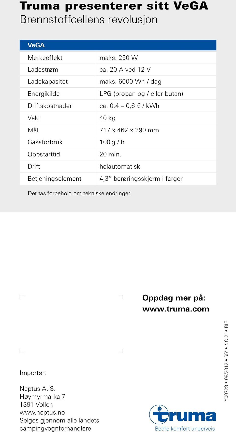 helautomatisk 4,3 berøringsskjerm i farger Det tas forbehold om tekniske endringer. Truma Importør: Gerätetechnik GmbH & Co. KG Wernher-von-Braun-Straße 12 85640 Neptus Putzbrunn A. S.