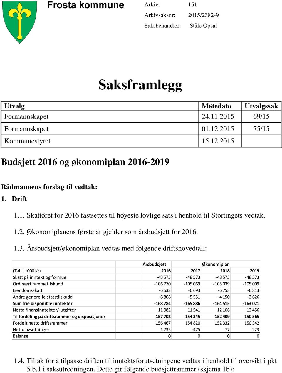 1.2. Økonomiplanens første år gjelder som årsbudsjett for 2016. 1.3.