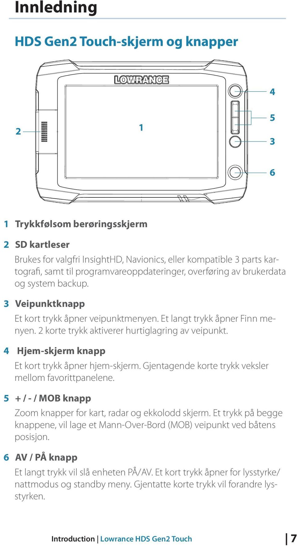 2 korte trykk aktiverer hurtiglagring av veipunkt. 4 Hjem-skjerm knapp Et kort trykk åpner hjem-skjerm. Gjentagende korte trykk veksler mellom favorittpanelene.