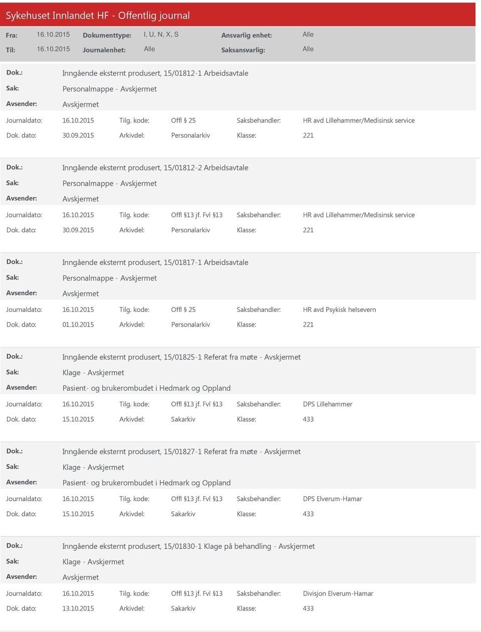 2015 Arkivdel: Personalarkiv Inngående eksternt produsert, 15/01817-1 Arbeidsavtale Personalmappe - HR avd Psykisk helsevern Dok. dato: 01.10.