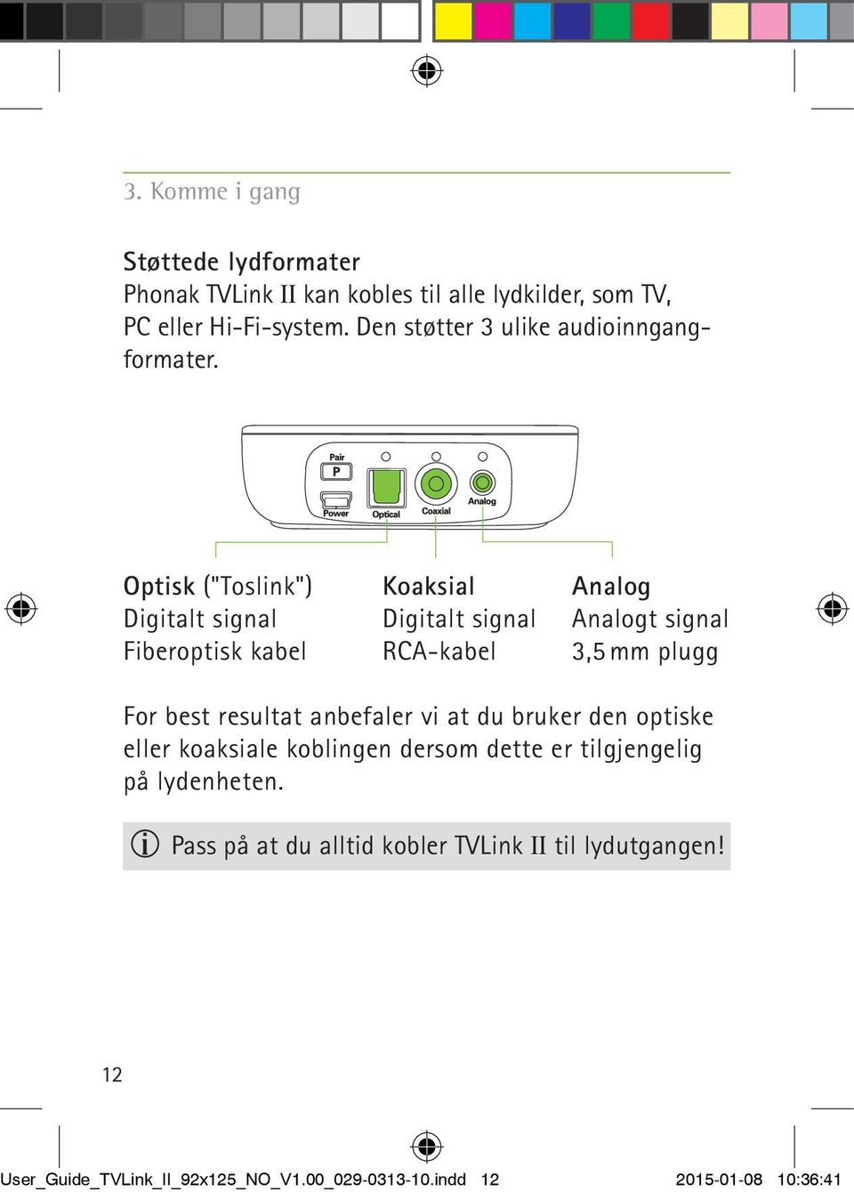 Optisk ("Toslink") Digitalt signal Fiberoptisk kabel Koaksial Digitalt signal RCA-kabel Analog Analogt signal 3,5 mm plugg For best