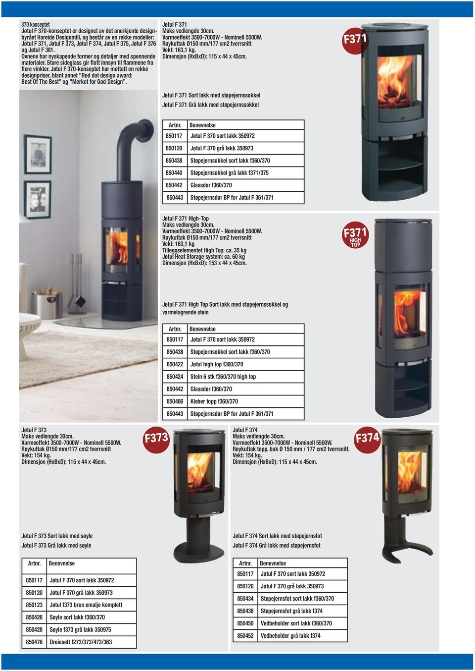 Jøtul F 370-konseptet har mottatt en rekke designpriser, blant annet Red dot design award: Best Of The Best og Merket for God Design. Jøtul F 371 Røykuttak Ø150 mm/177 cm2 tverrsnitt Vekt: 163,1 kg.