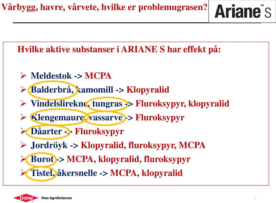 Klopyralid Vindelslirekne, tungras -> Fluroksypyr, klopyralid Klengemaure, vassarve ->