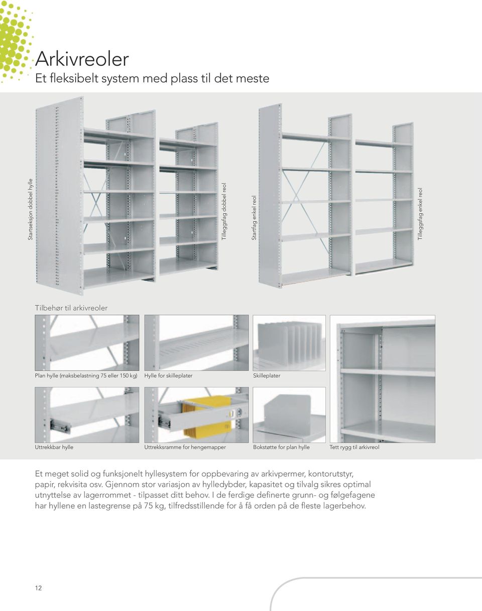 solid og funksjonelt hyllesystem for oppbevaring av arkivpermer, kontorutstyr, papir, rekvisita osv.