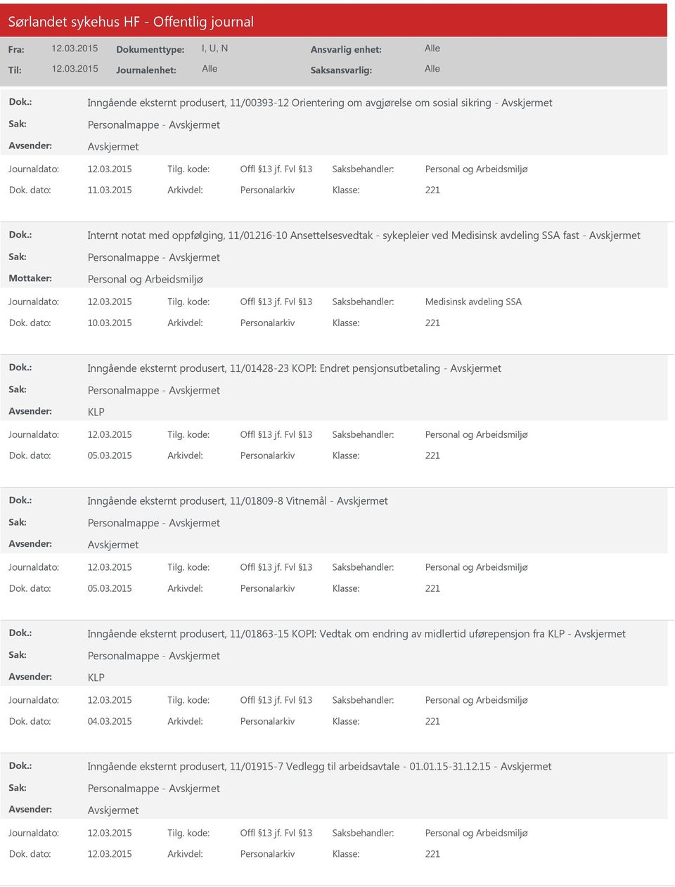 2015 Arkivdel: Personalarkiv Internt notat med oppfølging, 11/01216-10 Ansettelsesvedtak - sykepleier ved Medisinsk avdeling SSA fast - Personalmappe - Medisinsk avdeling SSA Dok. dato: 10.03.