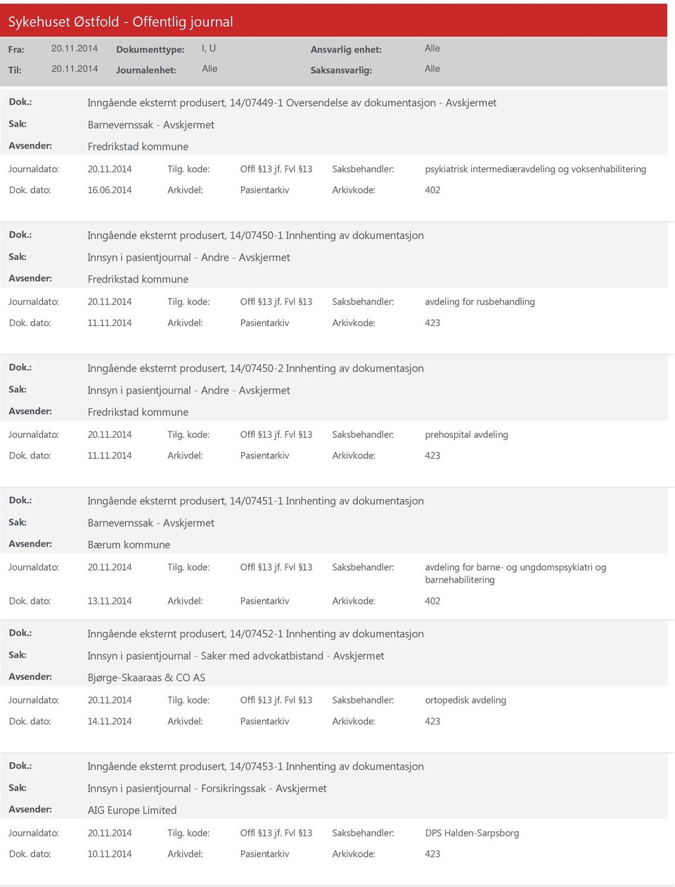 11.2014 Arkivdel: Pasientarkiv Arkivkode: 423 Inngående eksternt produsert, 14/07450-2 Innhenting av dokumentasjon prehospital avdeling Dok. dato: 11.11.2014 Arkivdel: Pasientarkiv Arkivkode: 423 Inngående eksternt produsert, 14/07451-1 Innhenting av dokumentasjon Bærum kommune Dok.