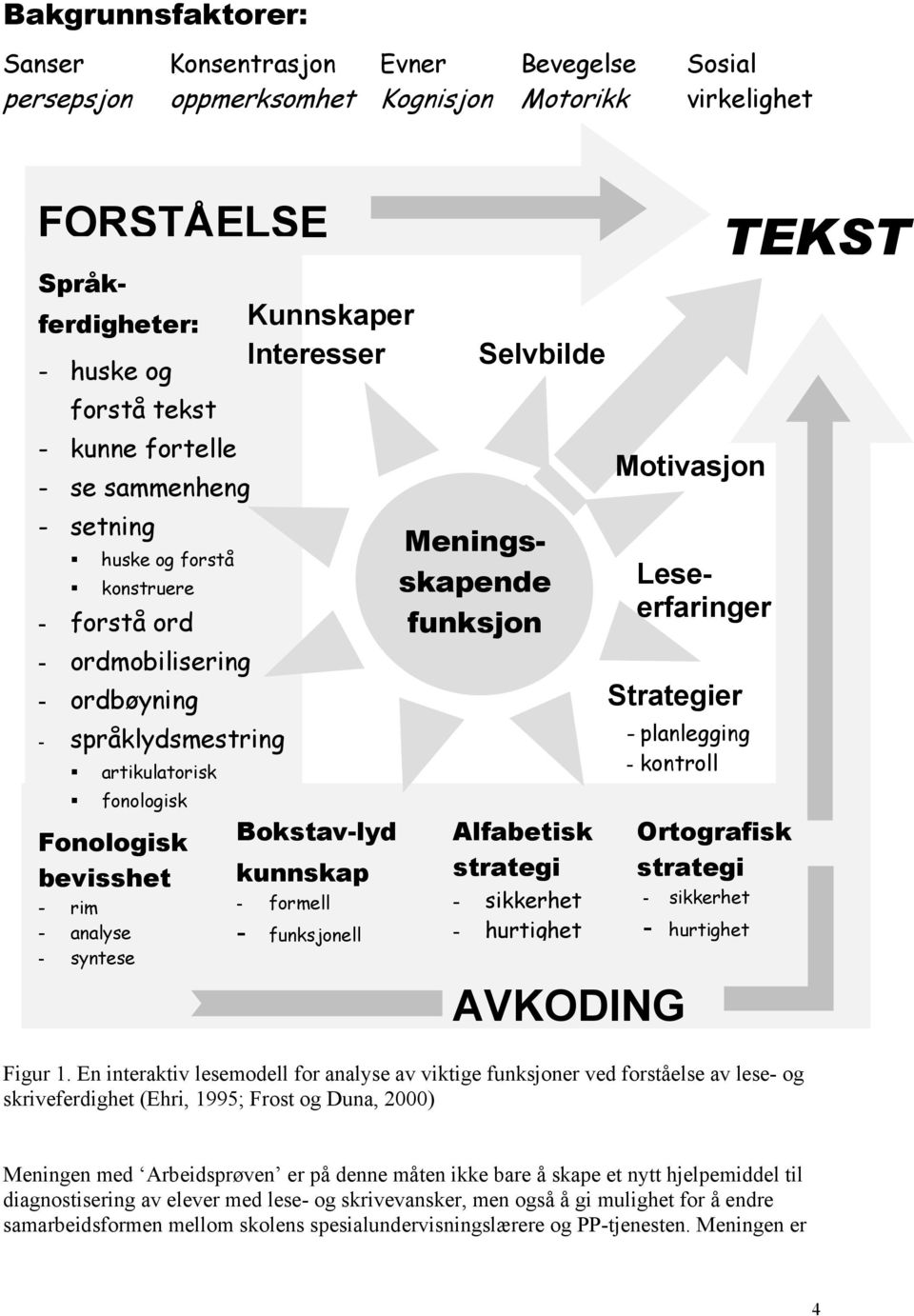 Interesser Bokstav-lyd kunnskap - formell - funksjonell Selvbilde Leseerfaringer Meningsskapende funksjon Alfabetisk strategi - sikkerhet - hurtighet Strategier AVKODING Motivasjon - planlegging -