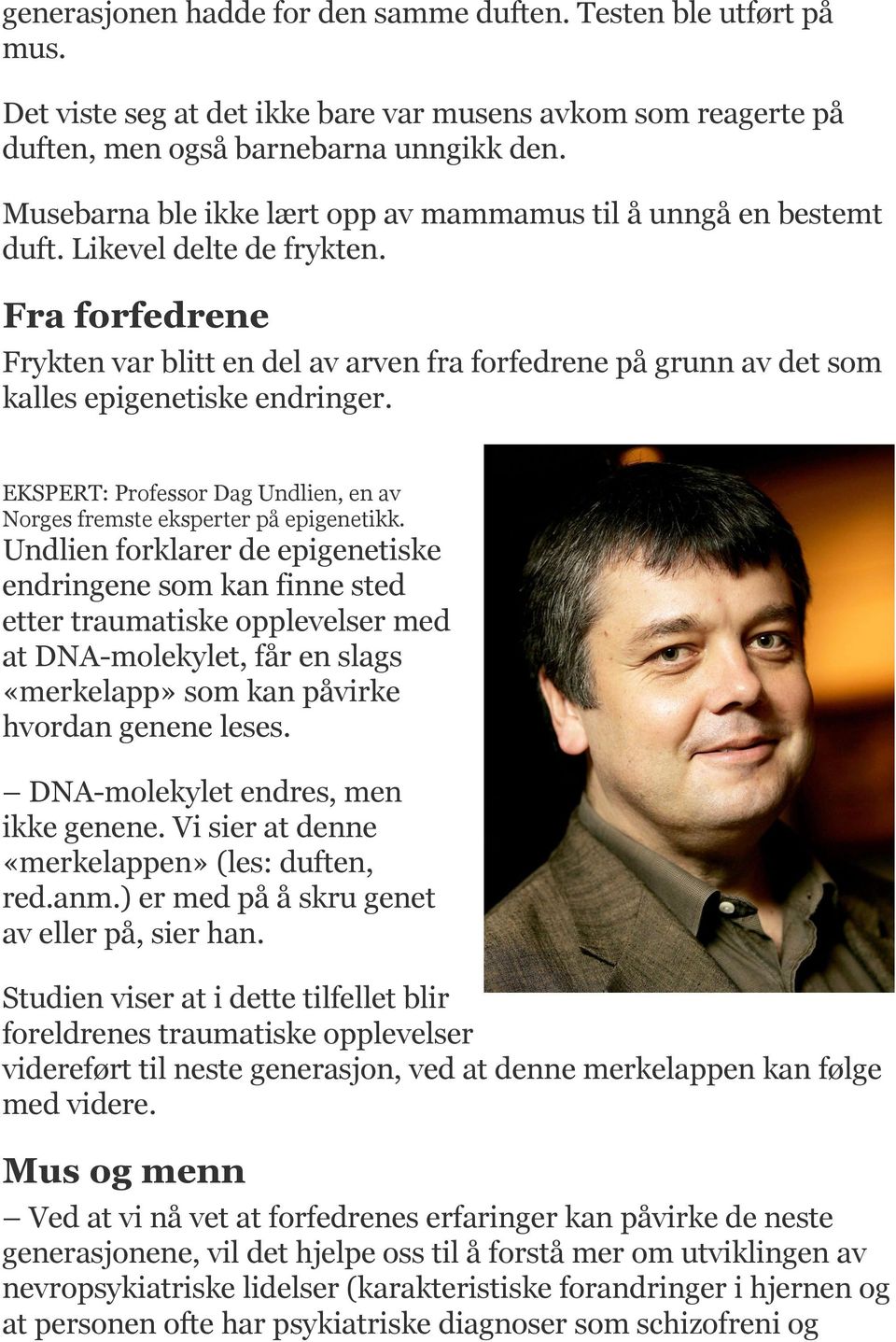 Fra forfedrene Frykten var blitt en del av arven fra forfedrene på grunn av det som kalles epigenetiske endringer. EKSPERT: Professor Dag Undlien, en av Norges fremste eksperter på epigenetikk.