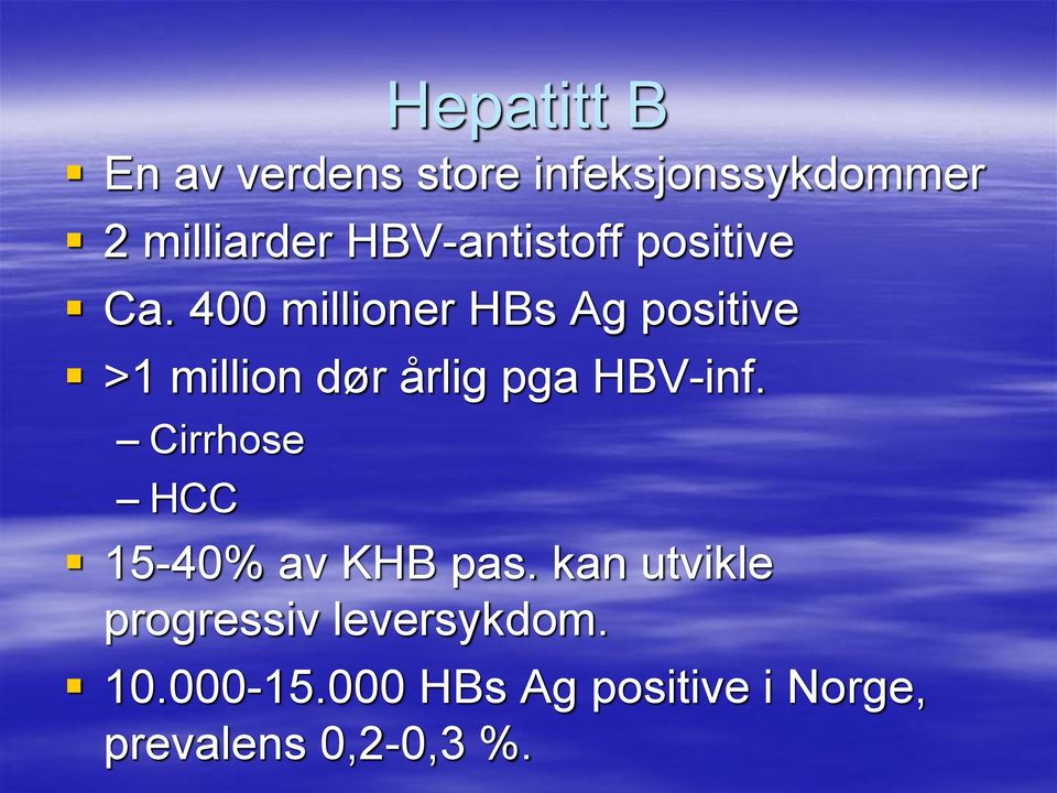400 millioner HBs Ag positive >1 million dør årlig pga HBV-inf.