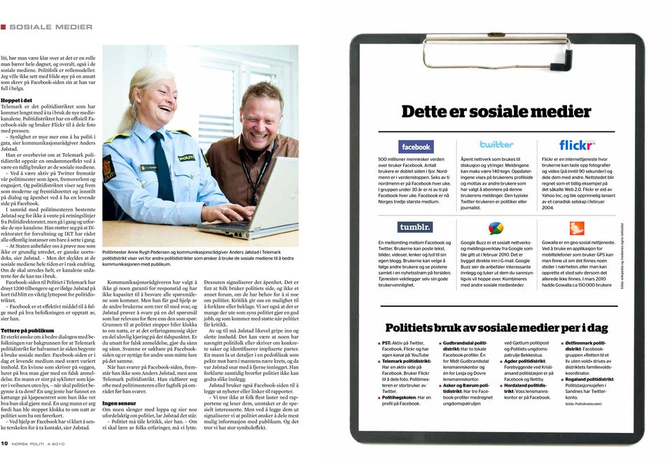 Hoppet i det Telemark er det politidistriktet som har kommet lengst med å ta i bruk de nye mediekanalene. Politidistriktet har en offisiell Facebook-side og bruker Flickr til å dele foto med pressen.