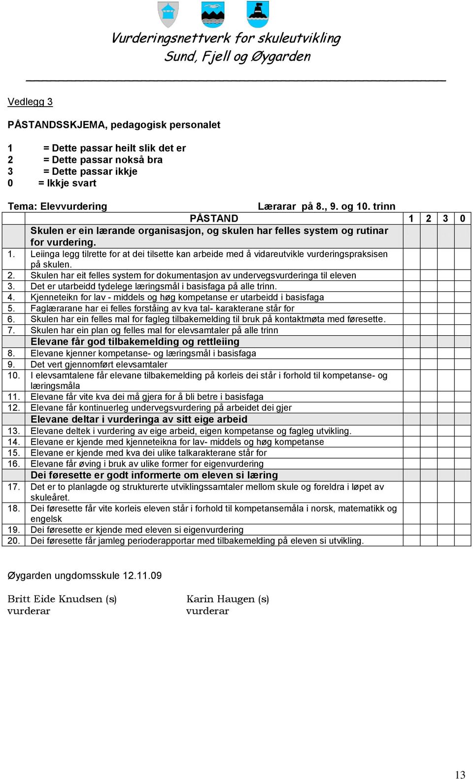 2. Skulen har eit felles system for dokumentasjon av undervegsvurderinga til eleven 3. Det er utarbeidd tydelege læringsmål i basisfaga på alle trinn. 4.