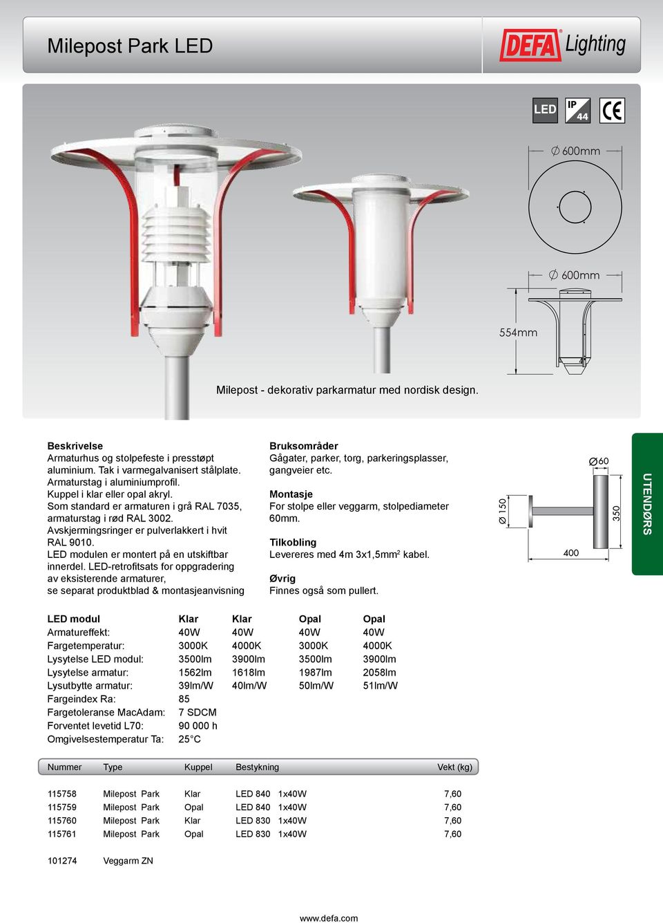 For stolpe eller veggarm, stolpediameter 60mm. Levereres med 4m 3x1,5mm 2 kabel. Finnes også som pullert.