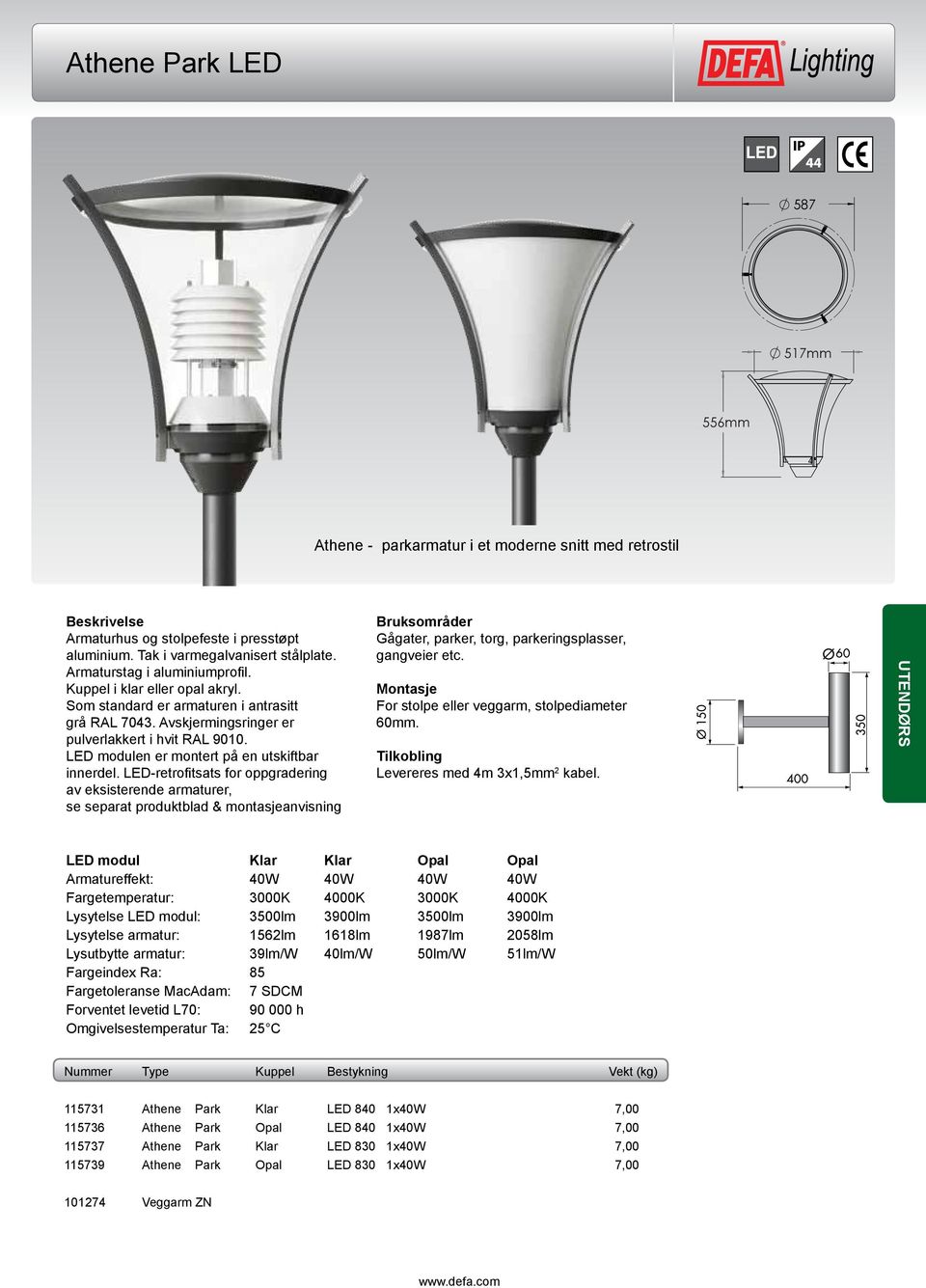 LED-retrofitsats for oppgradering gangveier etc. For stolpe eller veggarm, stolpediameter 60mm. Levereres med 4m 3x1,5mm 2 kabel.