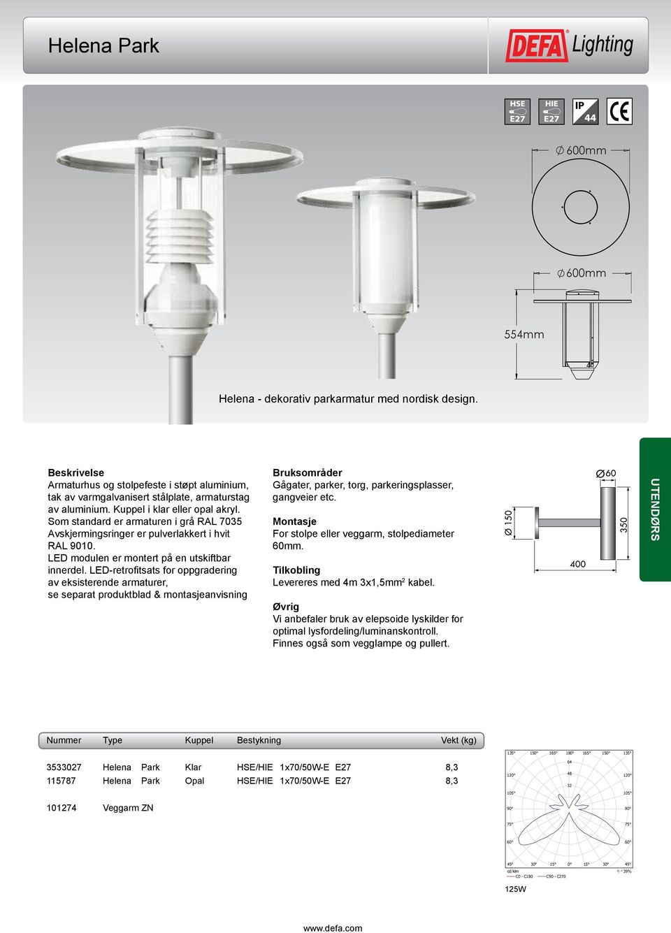 For stolpe eller veggarm, stolpediameter 60mm. Levereres med 4m 3x1,5mm 2 kabel. Vi anbefaler bruk av elepsoide lyskilder for optimal lysfordeling/luminanskontroll.