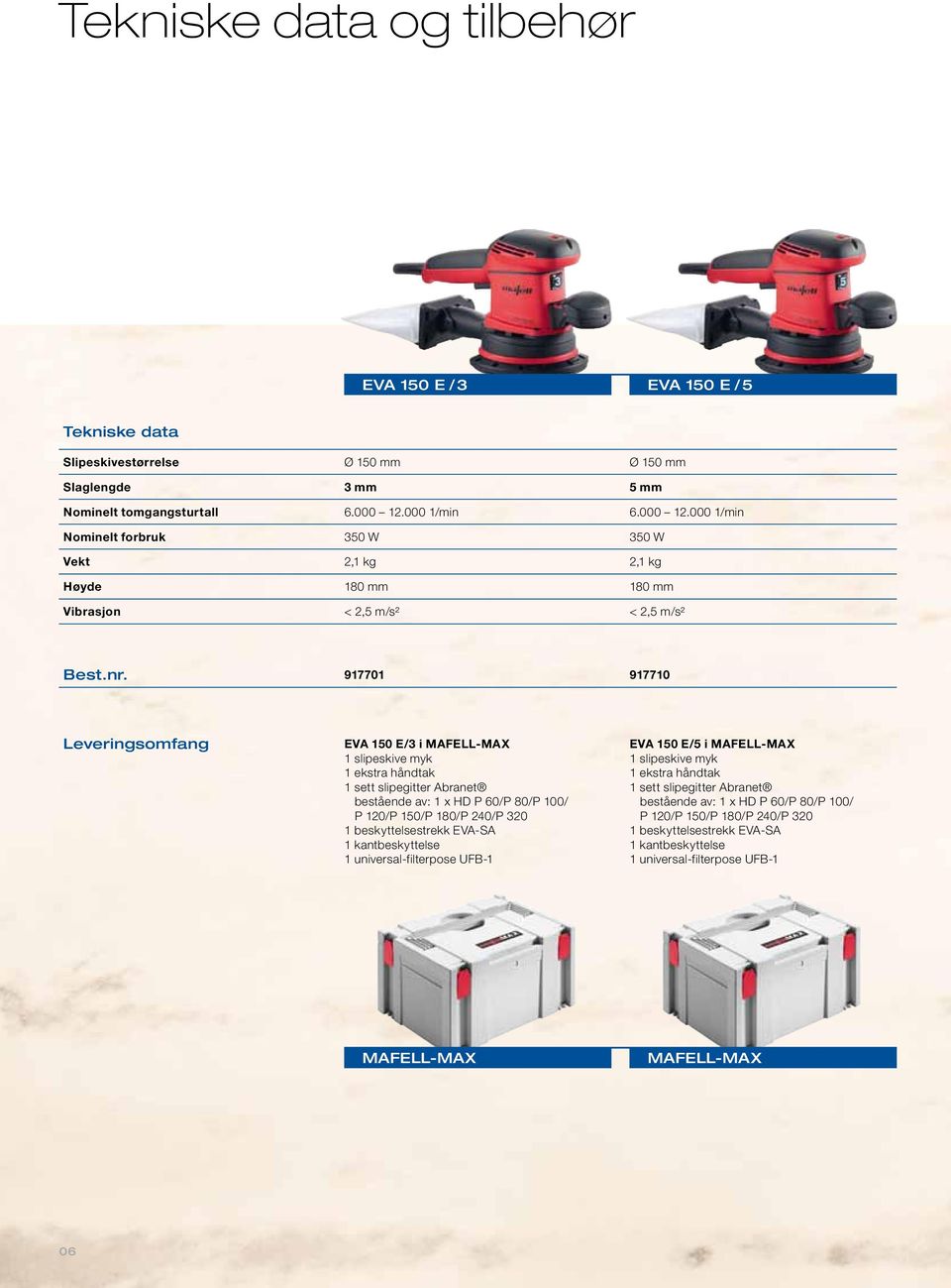 917701 917710 Leveringsomfang EVA 150 E/3 i MAFELL-MAX 1 slipeskive myk 1 ekstra håndtak 1 sett slipegitter Abranet bestående av: 1 x HD P 60/P 80/P 100/ P 120/P 150/P 180/P 240/P 320 1