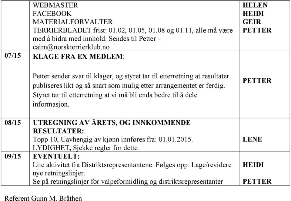 Styret tar til etterretning at vi må bli enda bedre til å dele informasjon. 08/15 UTREGNING AV ÅRETS, OG INNKOMMENDE RESULTATER: Topp 10, Uavhengig av kjønn innføres fra: 01.01.2015.