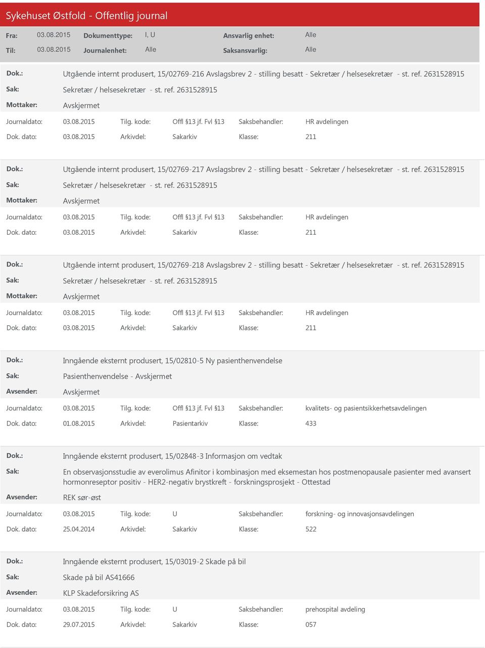 dato: Arkivdel: Sakarkiv Inngående eksternt produsert, 15/02810-5 Ny pasienthenvendelse Pasienthenvendelse - kvalitets- og pasientsikkerhetsavdelingen Dok. dato: 01.08.