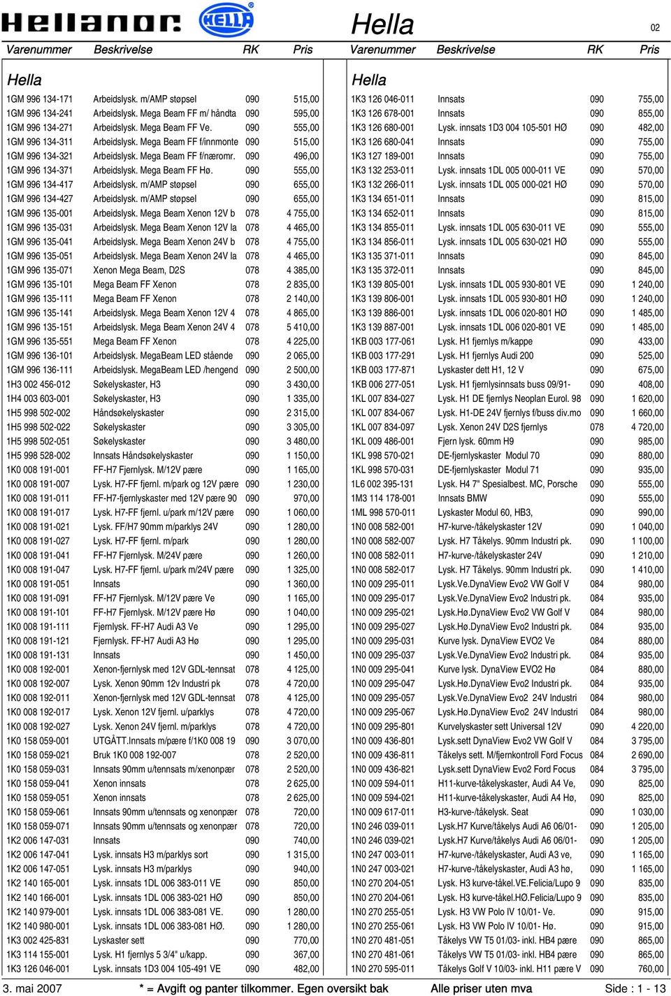 090 555,00 1GM 996 134-417 Arbeidslysk. m/amp støpsel 090 655,00 1GM 996 134-427 Arbeidslysk. m/amp støpsel 090 655,00 1GM 996 135-001 Arbeidslysk.